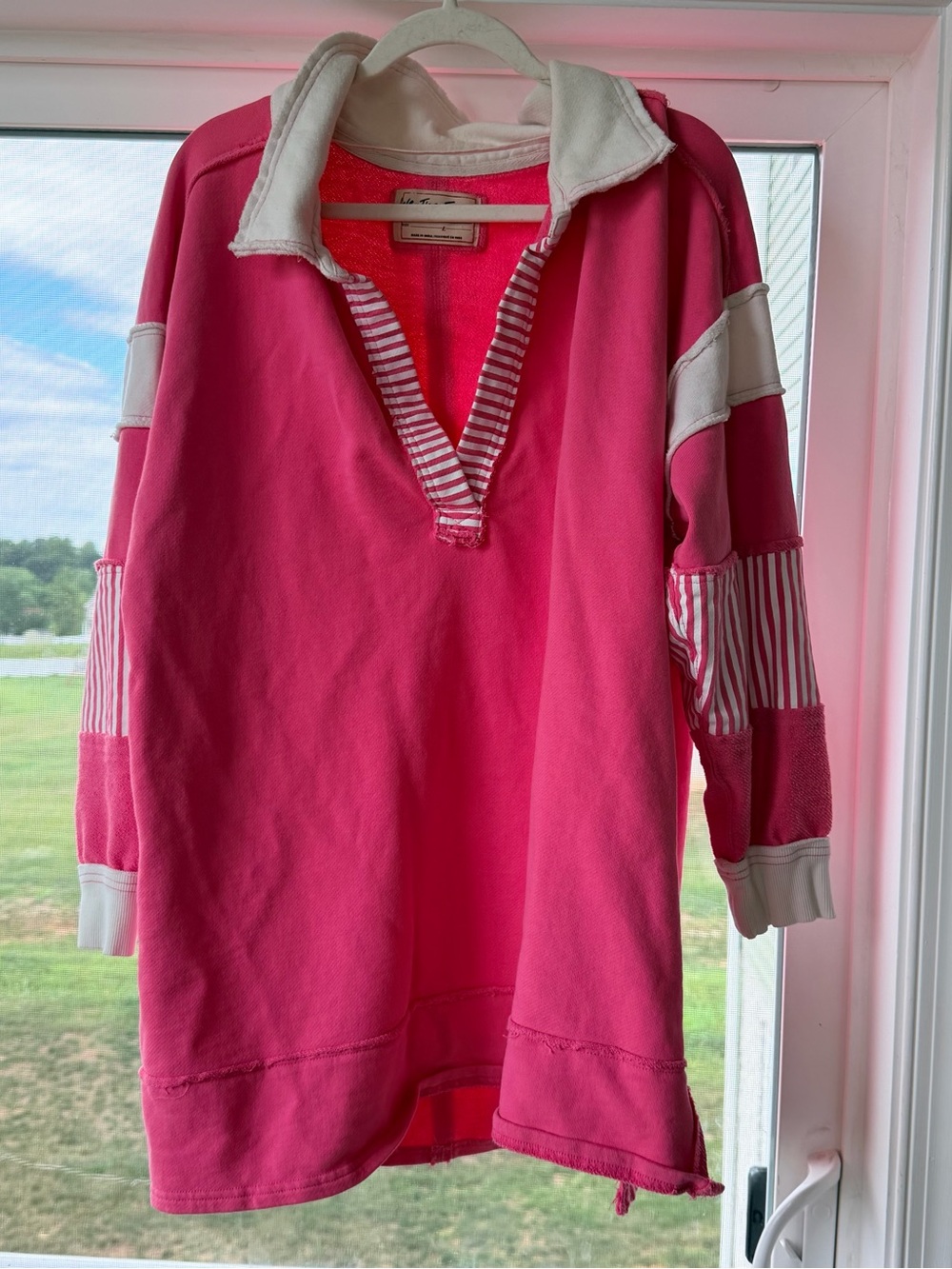 We The Free Hot Pink Pullover rugby Jersey sweater with White Striped Trim - Picture 2 of 5